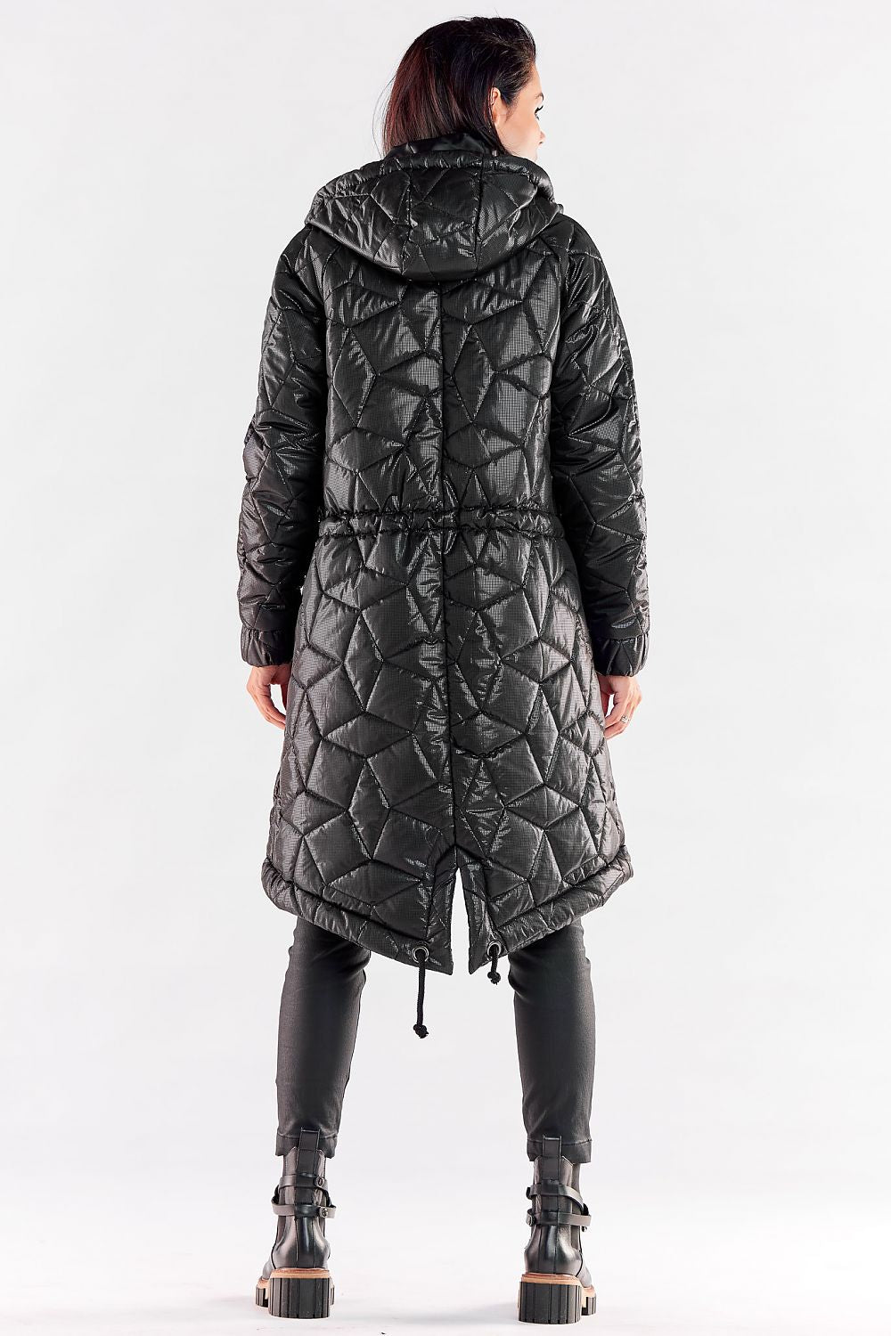 Back view of a luxury quilted knee-length jacket in sleek black, featuring a hood, drawstring waist, and fully lined interior. Perfect for stylish protection against the elements, this jacket combines comfort and elegance.