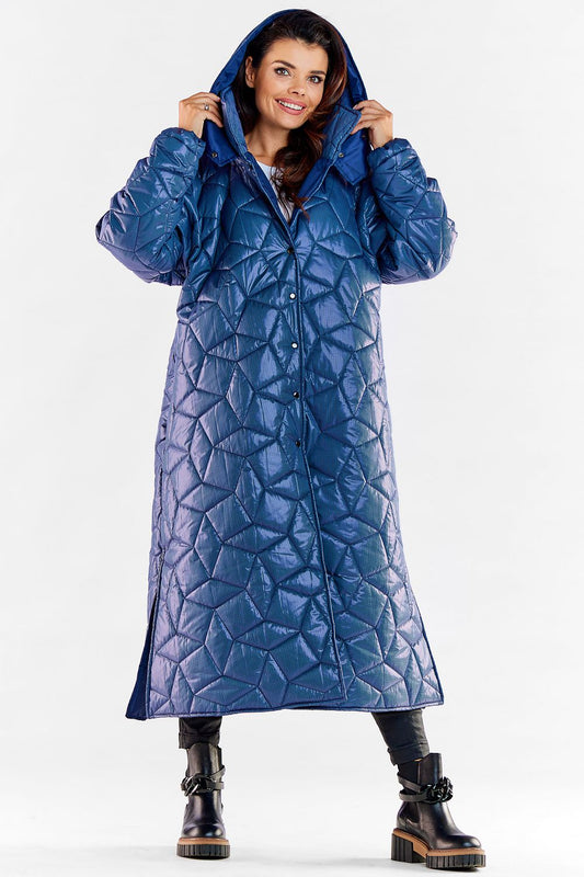 Elegant luxury long quilted hooded coat in blue, featuring ribbed sleeves, knee slit, and stylish design, perfect for effortless movement and winter warmth.
