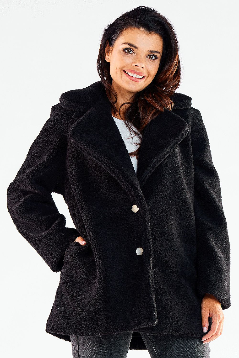 Stunning Awama women's hip-length fur coat in classic black, featuring decorative buttons and a refined collar, an essential piece for elegant winter dressing.