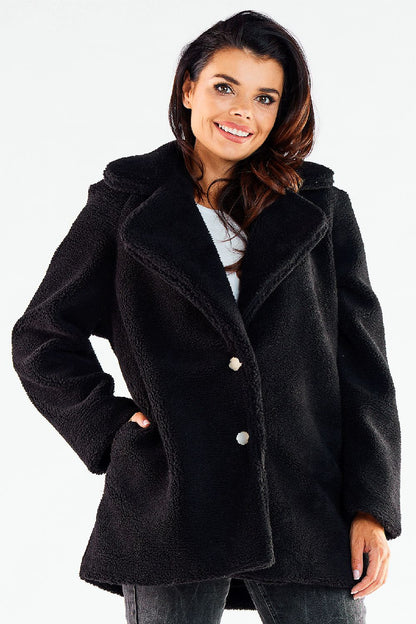 Stunning Awama women's hip-length fur coat in classic black, featuring decorative buttons and a refined collar, an essential piece for elegant winter dressing.