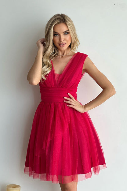 Luxury Bicotone evening tulle dress with heart-shaped cut-out and layered skirt, showcasing elegant design and lightweight fabric.