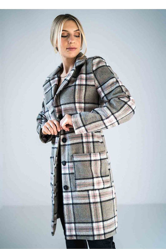 Sophisticated knee-length checked coat by Figl, highlighting button closure and soft fabric, styled with an elegant model.