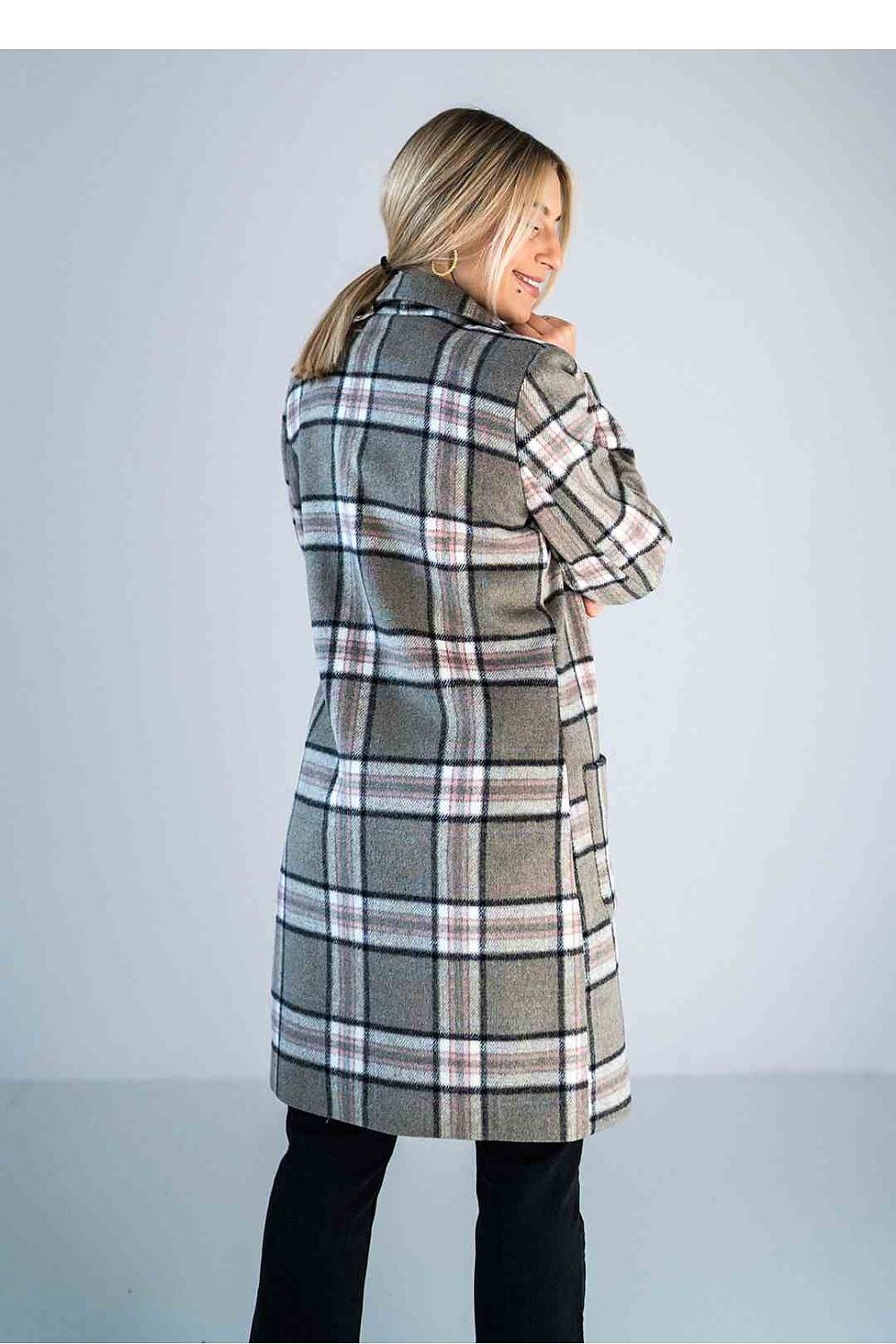 Chic back view of a knee-length checked coat by Figl, perfect for high-fashion looks, enhanced by a stylish model.