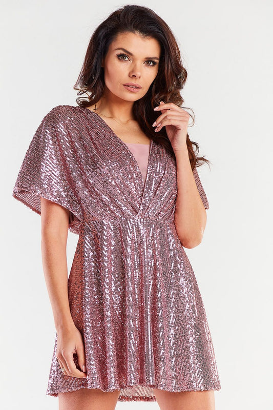 Elegant short evening dress in shimmering rose gold, featuring loose sleeves and a fitted waist, ideal for upscale occasions.