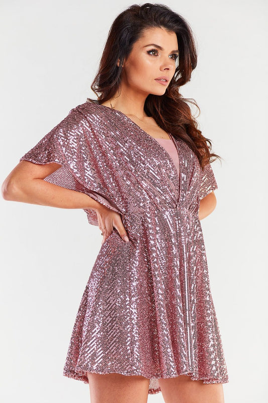 Stylish rose gold evening dress showcasing a flared bottom and draped sleeves, perfect for sophisticated events.