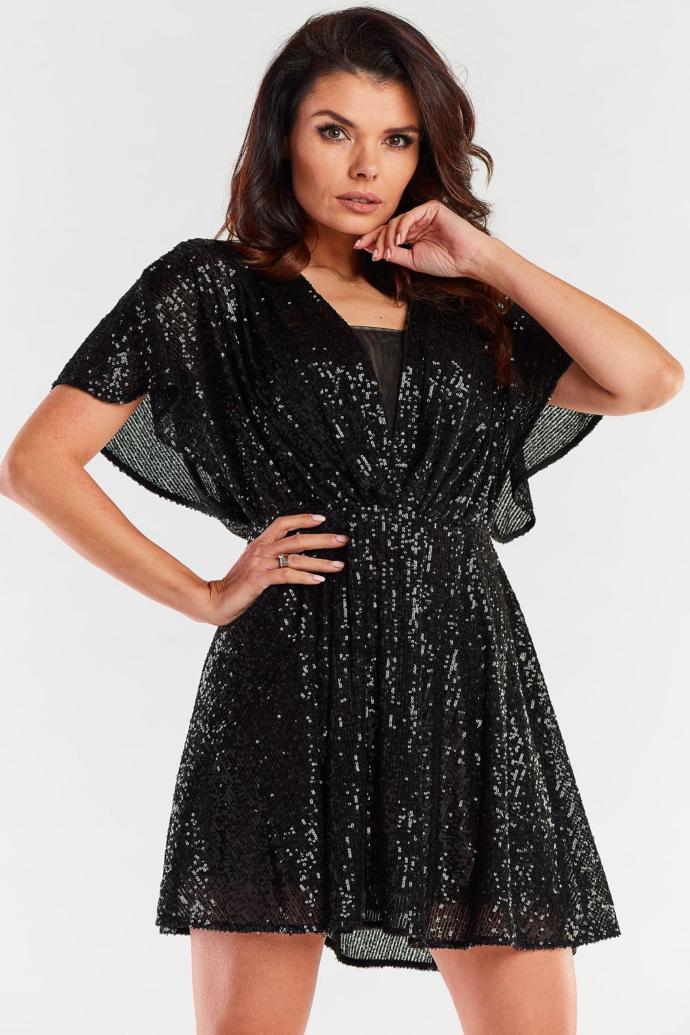 Chic black sequined short evening dress with a flattering flared design and loose sleeves, exuding sophistication and elegance for any formal occasion.