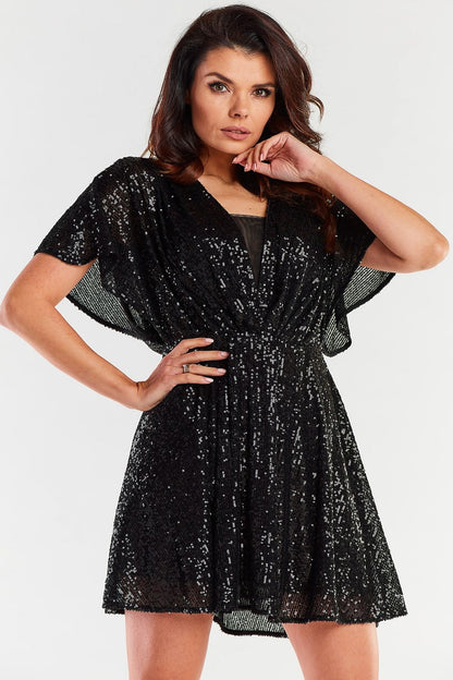 Chic black sequined short evening dress with a flattering flared design and loose sleeves, exuding sophistication and elegance for any formal occasion.
