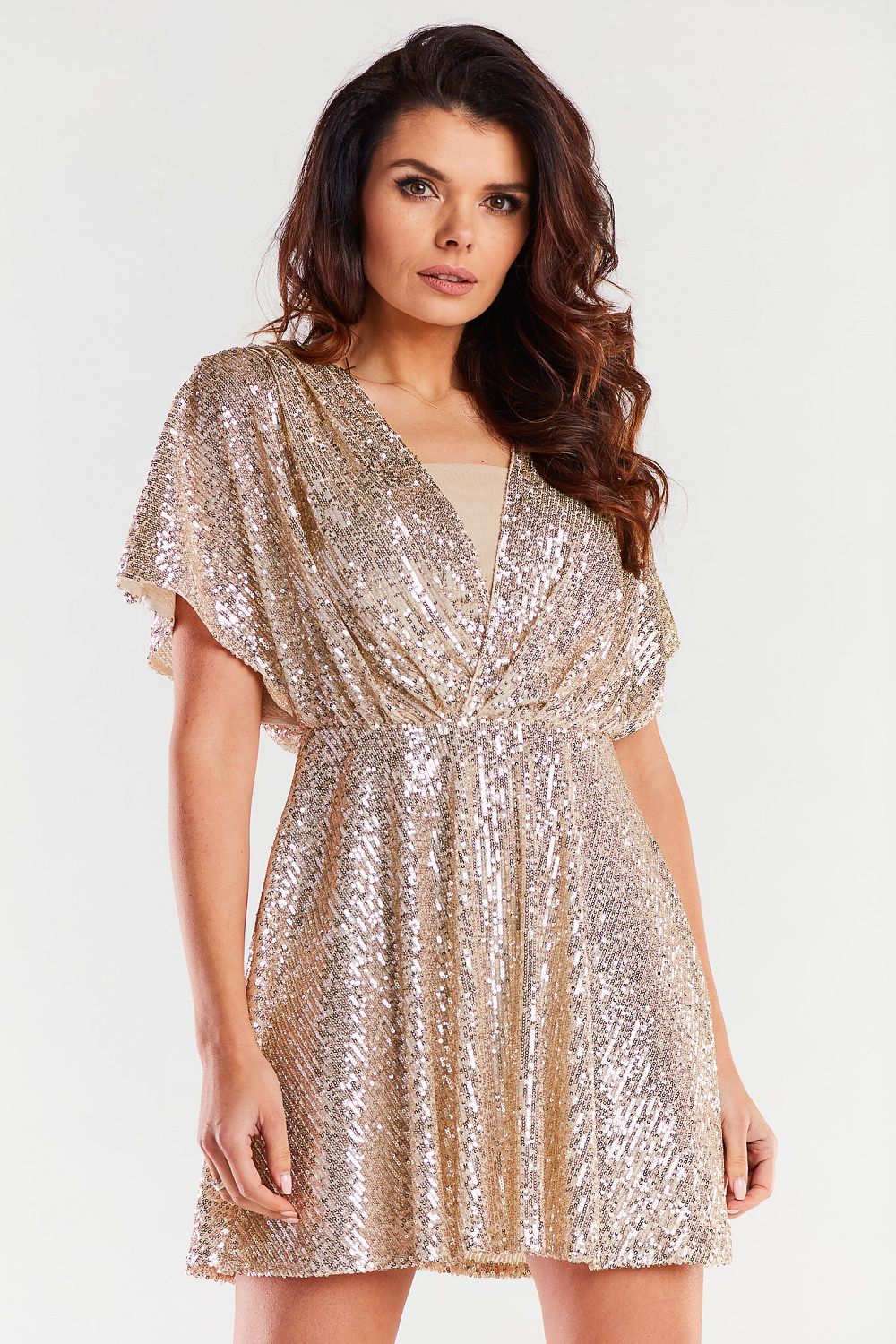 Elegant gold sequin short evening dress with fitted waist and loose sleeves, showcased on a model, perfect for glamorous occasions.