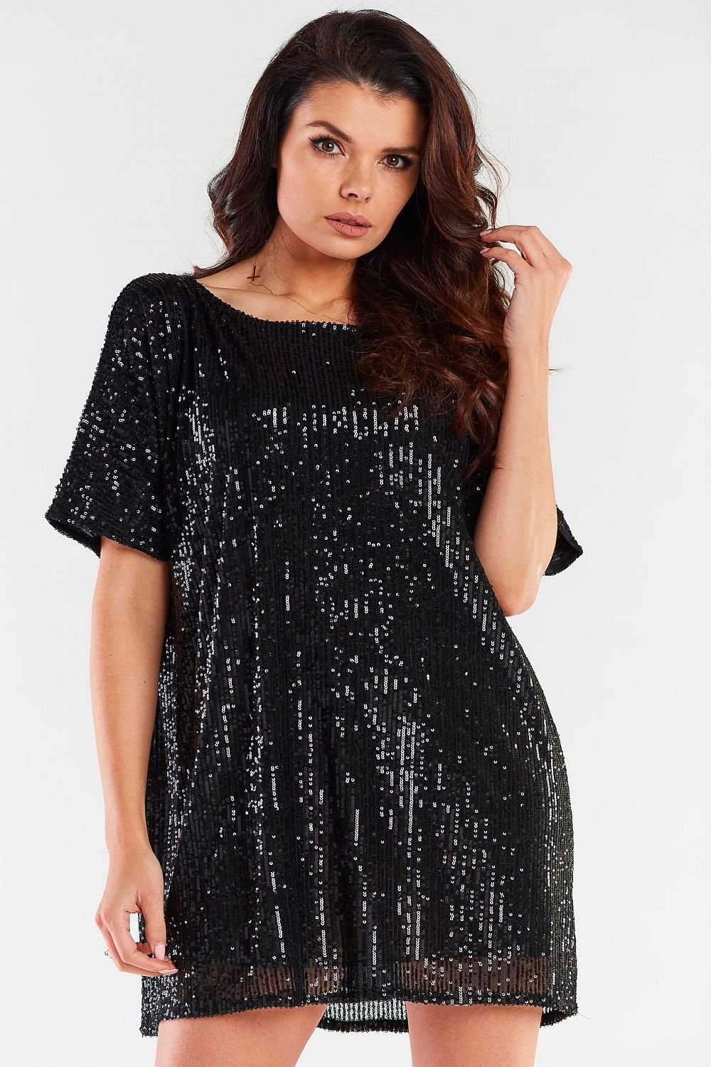 Stunning black evening dress embellished with sequins, featuring a comfortable fit and elegant design suitable for special events.