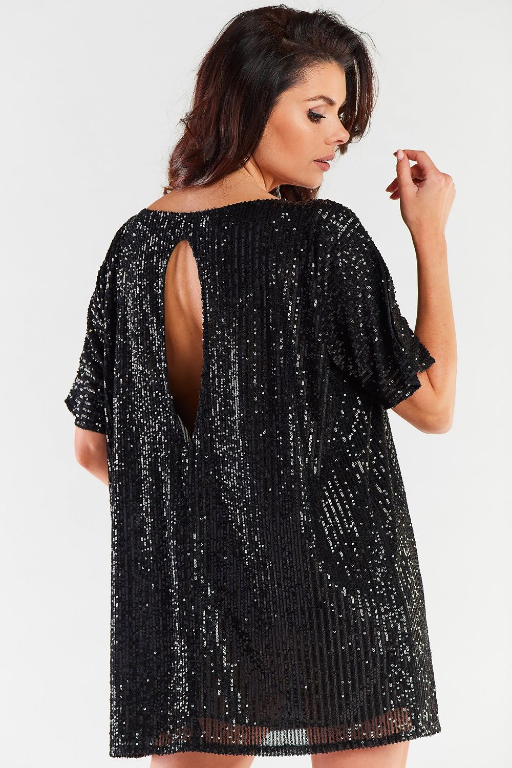 Elegant black sequined evening dress with back cutout, showcasing a luxurious and sophisticated style, perfect for upscale occasions.