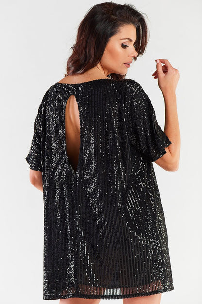 Elegant black sequined evening dress with back cutout, showcasing a luxurious and sophisticated style, perfect for upscale occasions.