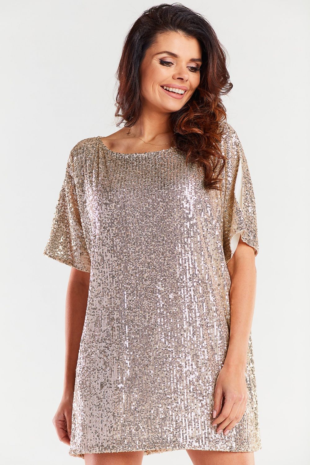 Radiant gold sequined evening dress with a round neckline, exuding glamour and elegance, ideal for festive celebrations.
