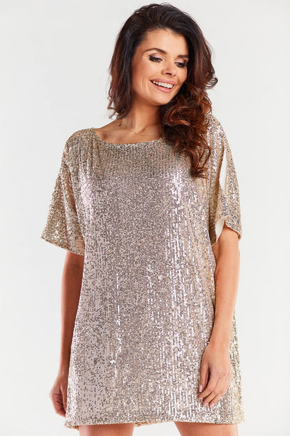 Radiant gold sequined evening dress with a round neckline, exuding glamour and elegance, ideal for festive celebrations.