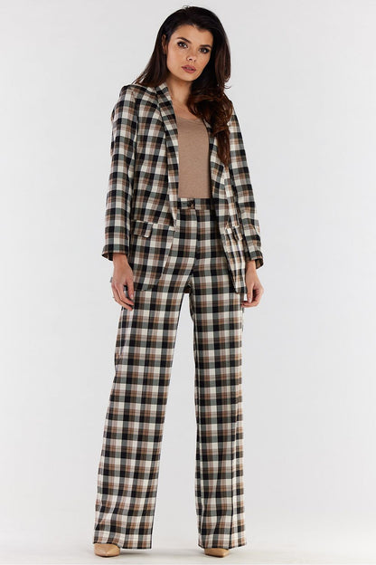 Chic and elegant high-waisted wide-leg trousers for women, styled with a matching plaid blazer, exuding sophistication and tailored perfection.