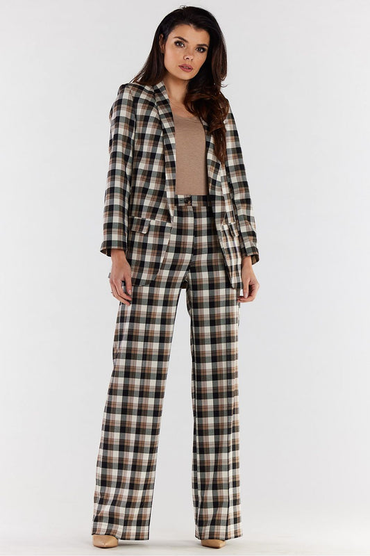 Chic and elegant high-waisted wide-leg trousers for women, styled with a matching plaid blazer, exuding sophistication and tailored perfection.