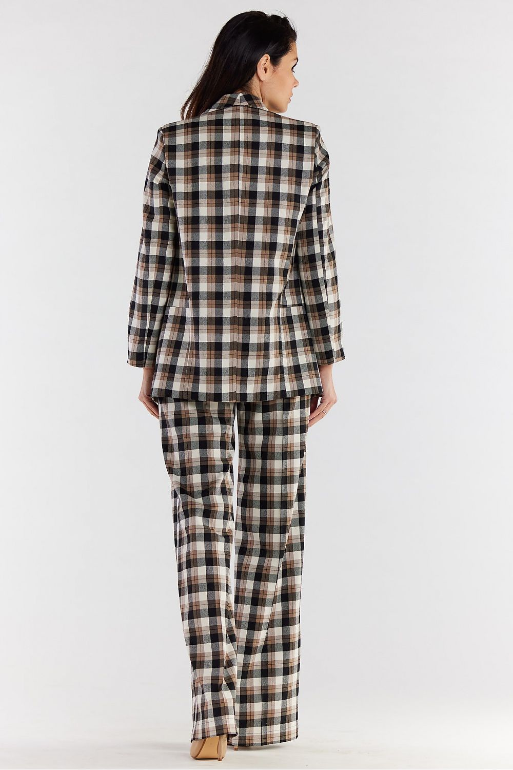 Back view of elegant high-waisted wide-leg trousers and matching blazer, highlighting the refined plaid pattern in this sophisticated women's fashion look.
