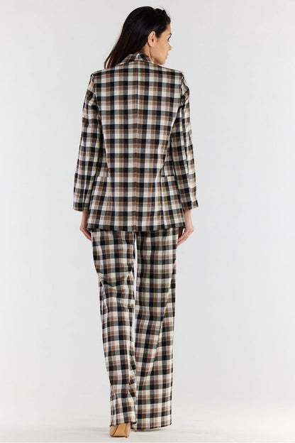 Back view of elegant high-waisted wide-leg trousers and matching blazer, highlighting the refined plaid pattern in this sophisticated women's fashion look.