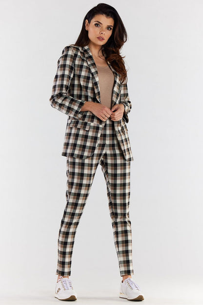 Elegant high-waisted plaid cigarette trousers for women, paired with a stylish blazer, showcasing a sophisticated ensemble perfect for both office and formal occasions.