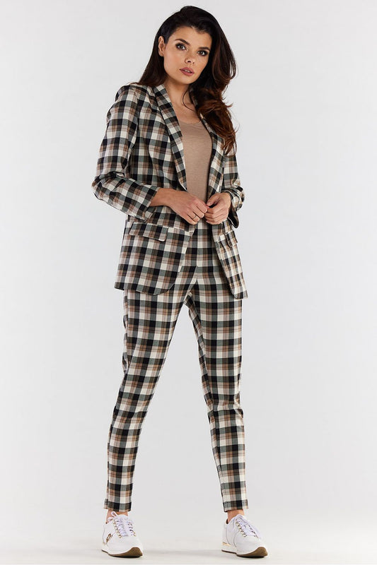 Elegant high-waisted plaid cigarette trousers for women, paired with a stylish blazer, showcasing a sophisticated ensemble perfect for both office and formal occasions.
