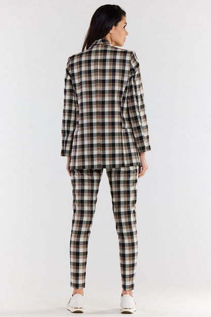 Back view of luxurious high-waisted plaid cigarette trousers and blazer, highlighting the tailored design and refined aesthetic suitable for various occasions.