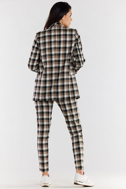 Back view of a chic urban check jacket ensemble, illustrating refined tailoring and a modern silhouette with a polished finish.