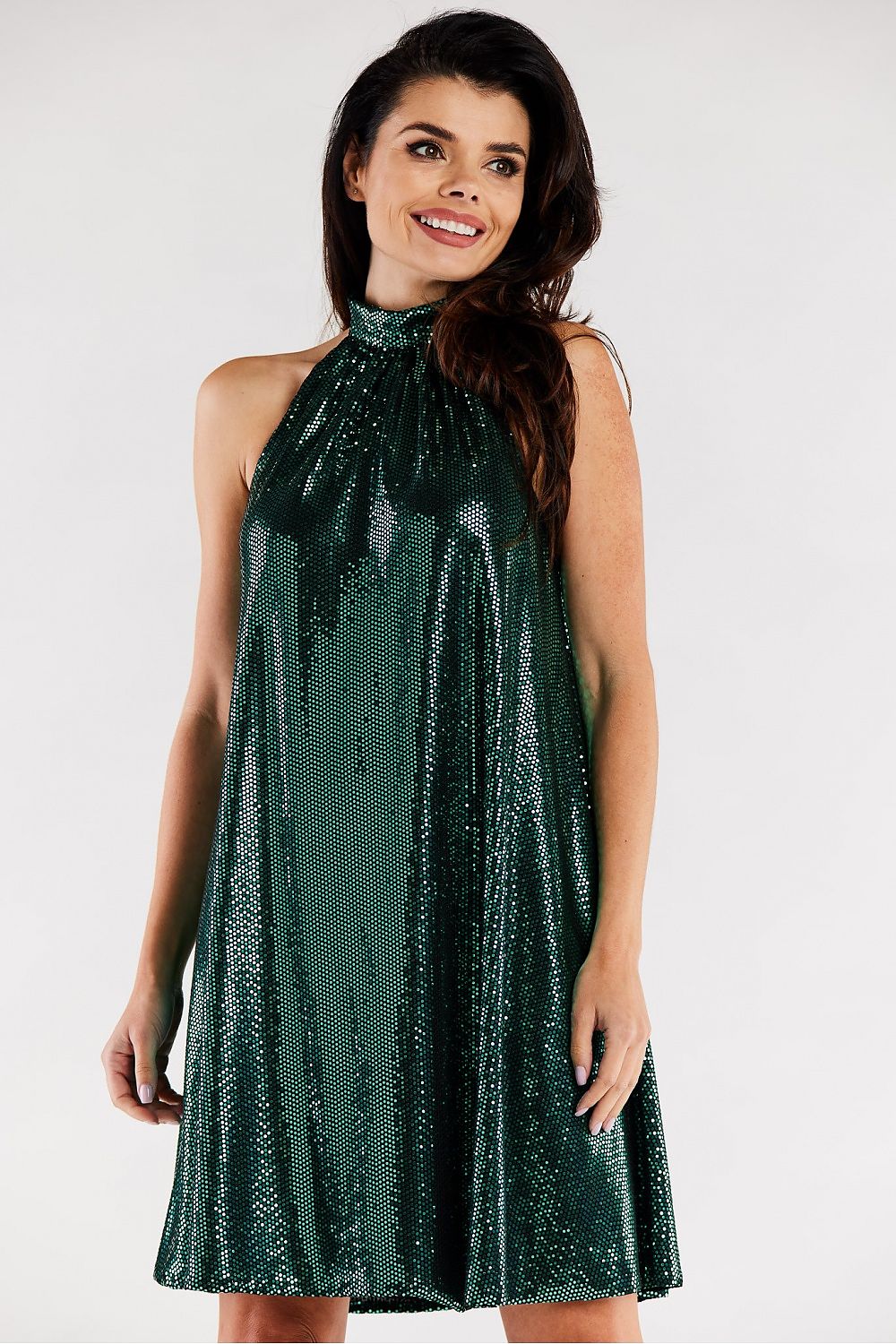 Elegant green flared evening dress with ruffle neckline, showcasing a sophisticated silhouette, perfect for formal occasions.