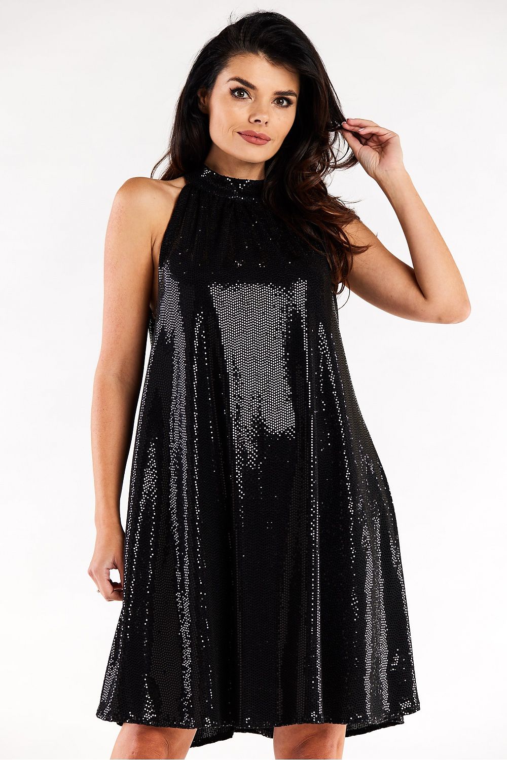 Stylish loose flared evening dress in luxurious black, featuring a ruffle neckline, captured from the front, ideal for glamorous events.