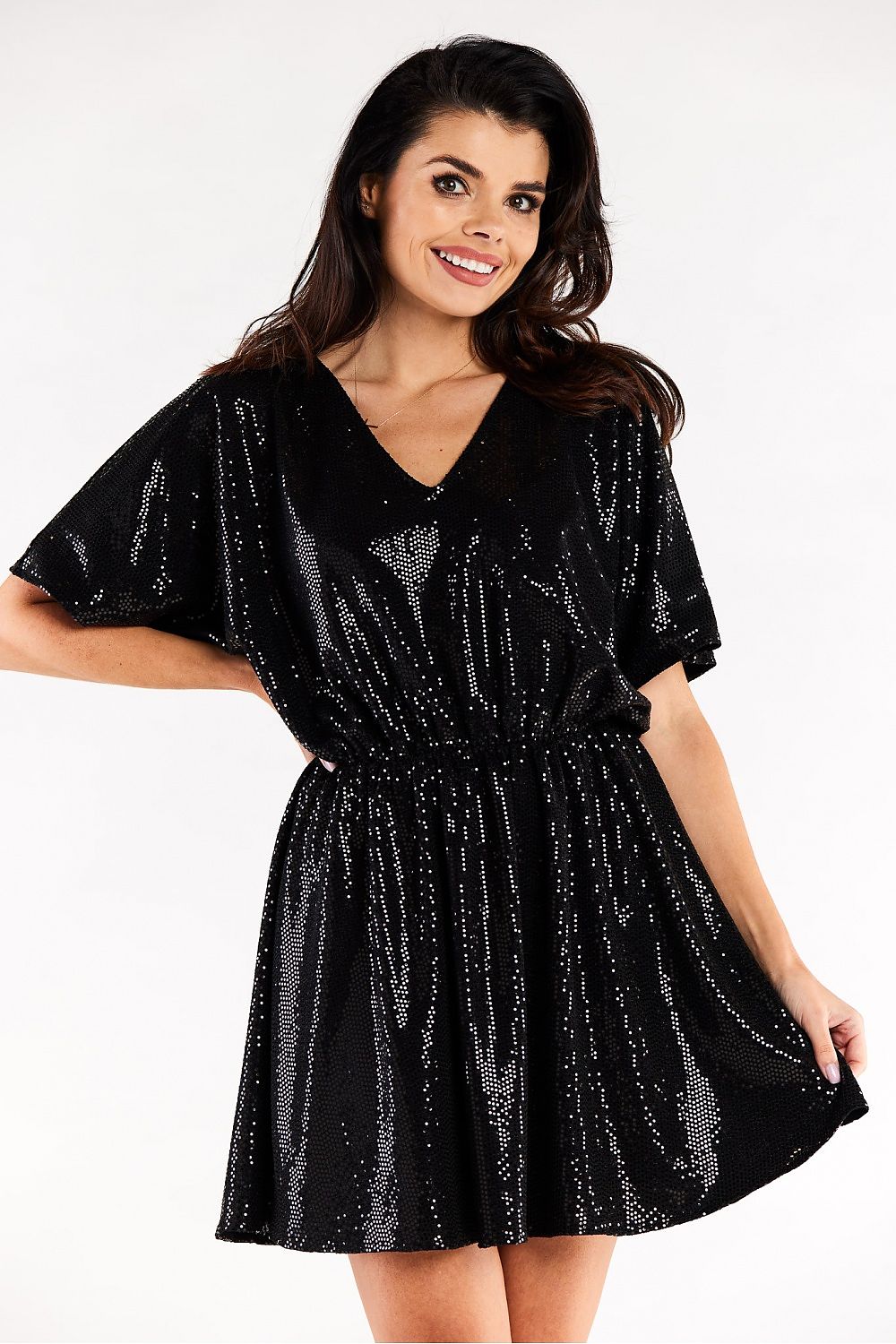 Stunning black evening dress adorned with sequins, featuring a V-neckline and a comfortable elastic waist for an effortlessly chic appearance.