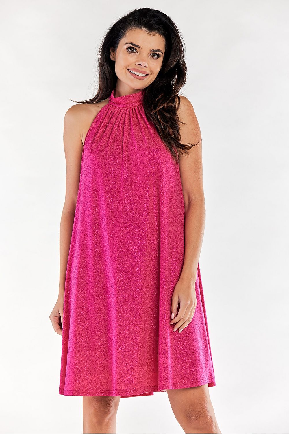 Elegant pink flared evening dress with a decorative neckline, exuding luxury, perfect for formal occasions.