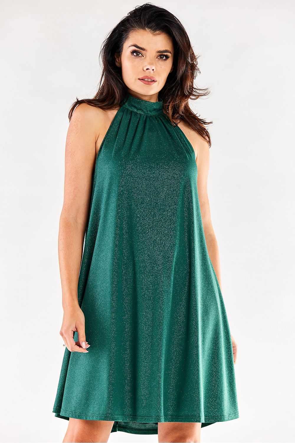 Stunning green flared evening dress featuring a luxurious neckline, perfect for an elegant evening out.