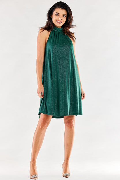 Chic frontal view of a luxurious green flared evening dress, designed for sophisticated occasions.