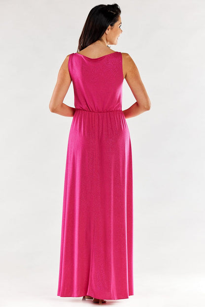 Back view of an elegant pink long dress with ruffled neckline, showcasing the fit and style on a smiling model.