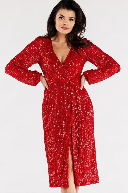 Elegant red envelope evening dress with crinkled sleeves and a flattering wrap design, perfect for glamorous occasions.