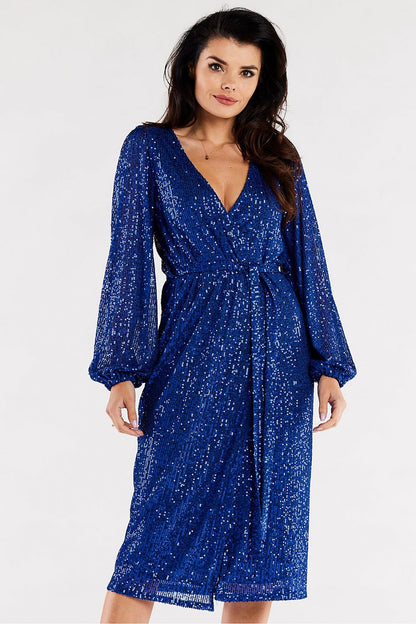 Stunning blue envelope evening dress with shiny embellishments, deep V-neck, and sophisticated crinkled sleeves.