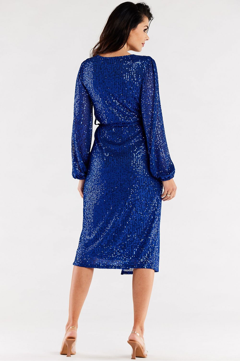 Elegant back view of a blue sequined evening dress with crinkled sleeves and a cinched waist, designed by Awama, showcasing luxurious fabric and intricate details, ideal for formal occasions.