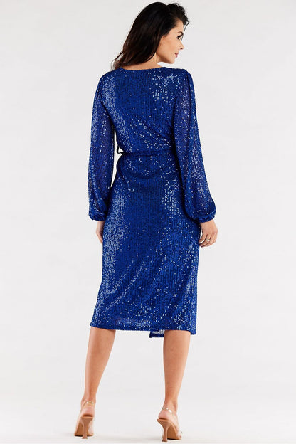 Elegant back view of a blue sequined evening dress with crinkled sleeves and a cinched waist, designed by Awama, showcasing luxurious fabric and intricate details, ideal for formal occasions.