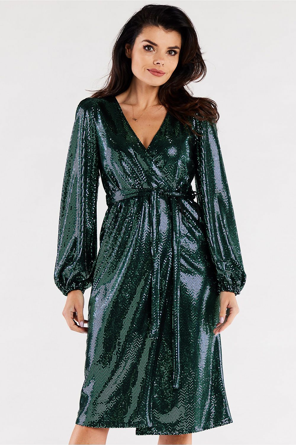 Stunning green metallic evening dress with a wrap design, complemented by a waist belt and crinkled sleeves, exuding elegance.