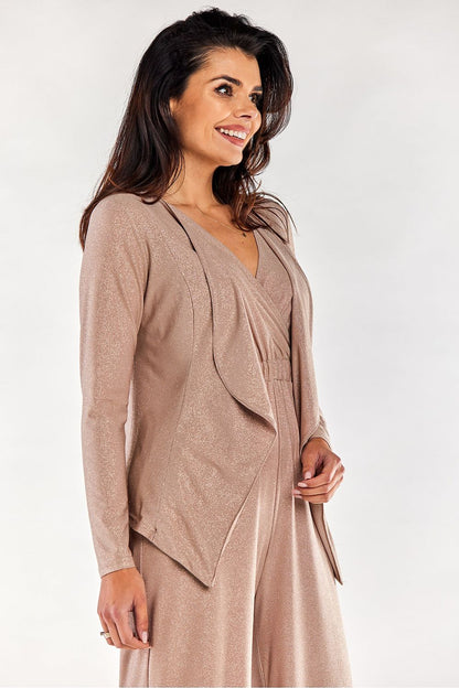 Stylish side view of a luxurious beige long-sleeved bedspread jacket, emphasising its fashionable design and premium quality.