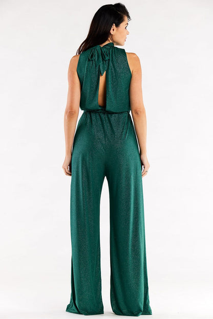Sophisticated back view of a green wide-leg suit with tied collar and elegant design elements.