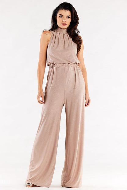 Luxurious nude wide-leg suit featuring a crinkled neckline and stylish silhouette, ideal for upscale events.