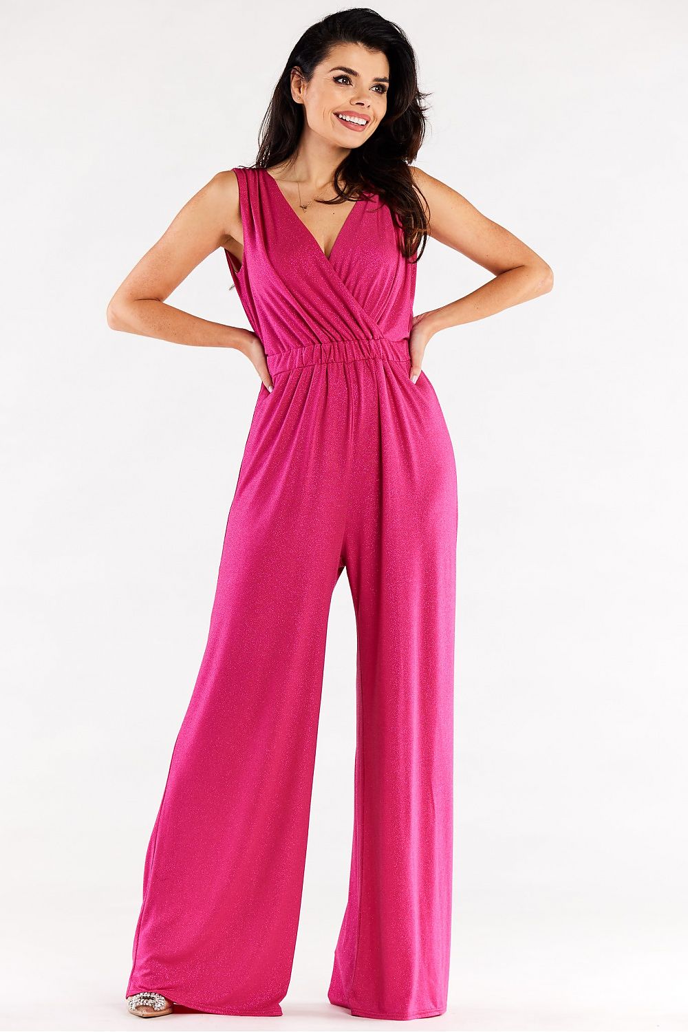 Elegant sleeveless pink wide leg jumpsuit with envelope top, showcasing a flattering silhouette and a stylish design, perfect for formal occasions or parties.
