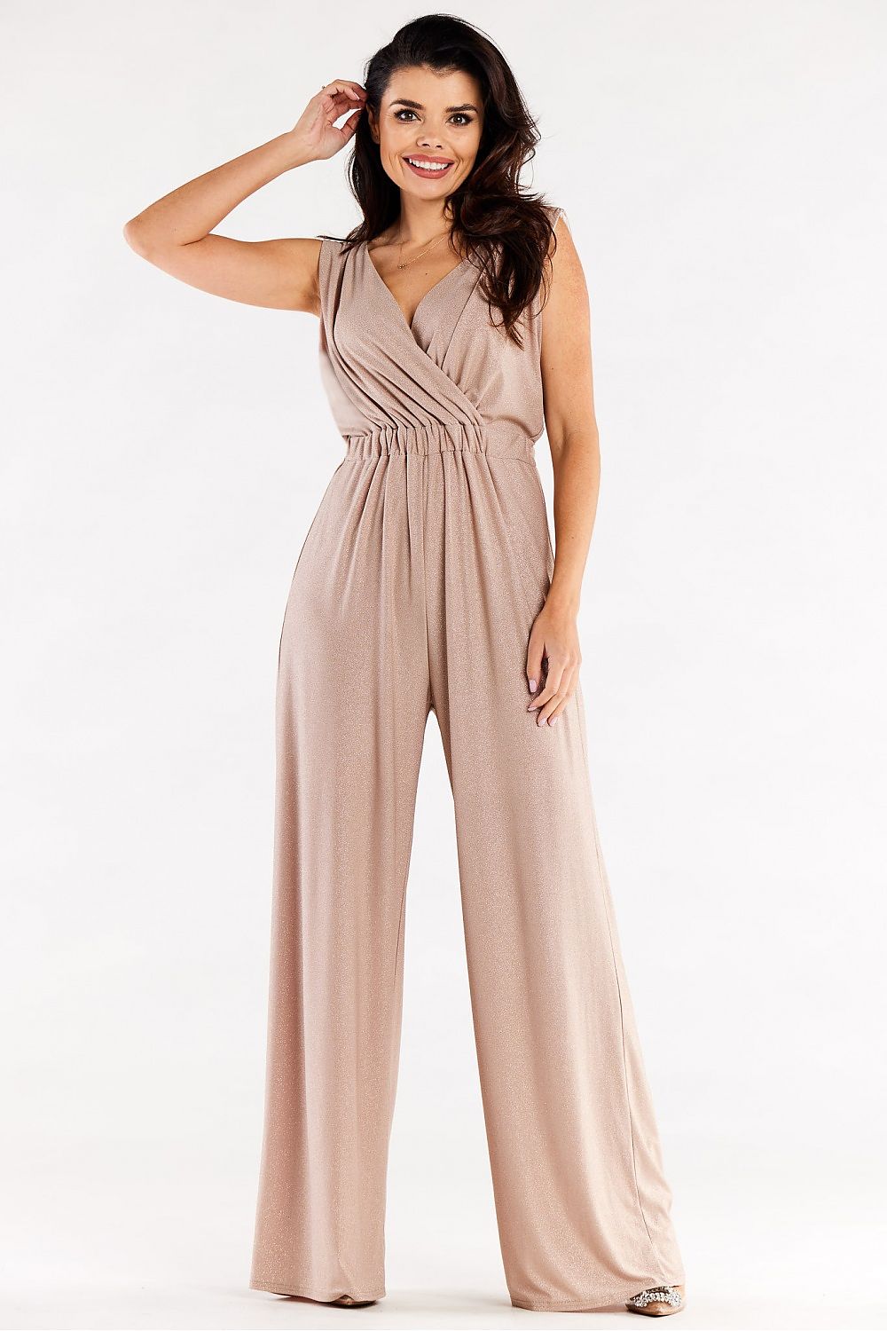 Chic beige wide leg jumpsuit featuring a crisscross envelope design, highlighting a stylish front view, ideal for adding a touch of glamour to any occasion.