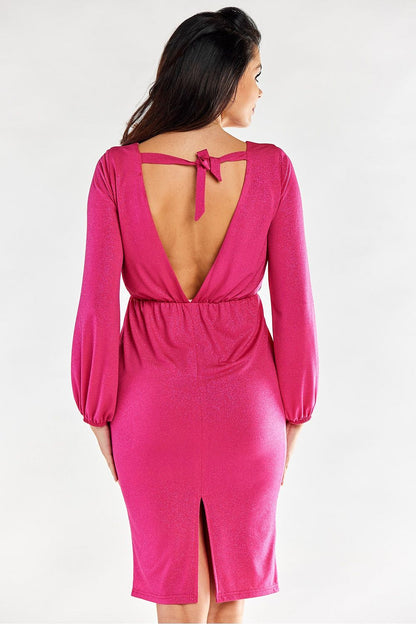 Elegant rear view of a pink evening dress showcasing an exposed back with a stylish tie detail, ideal for sophisticated evening events.