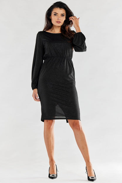 Glamorous front view of a black evening dress with balloon sleeves and a knee-length cut, perfect for elegant soirées.