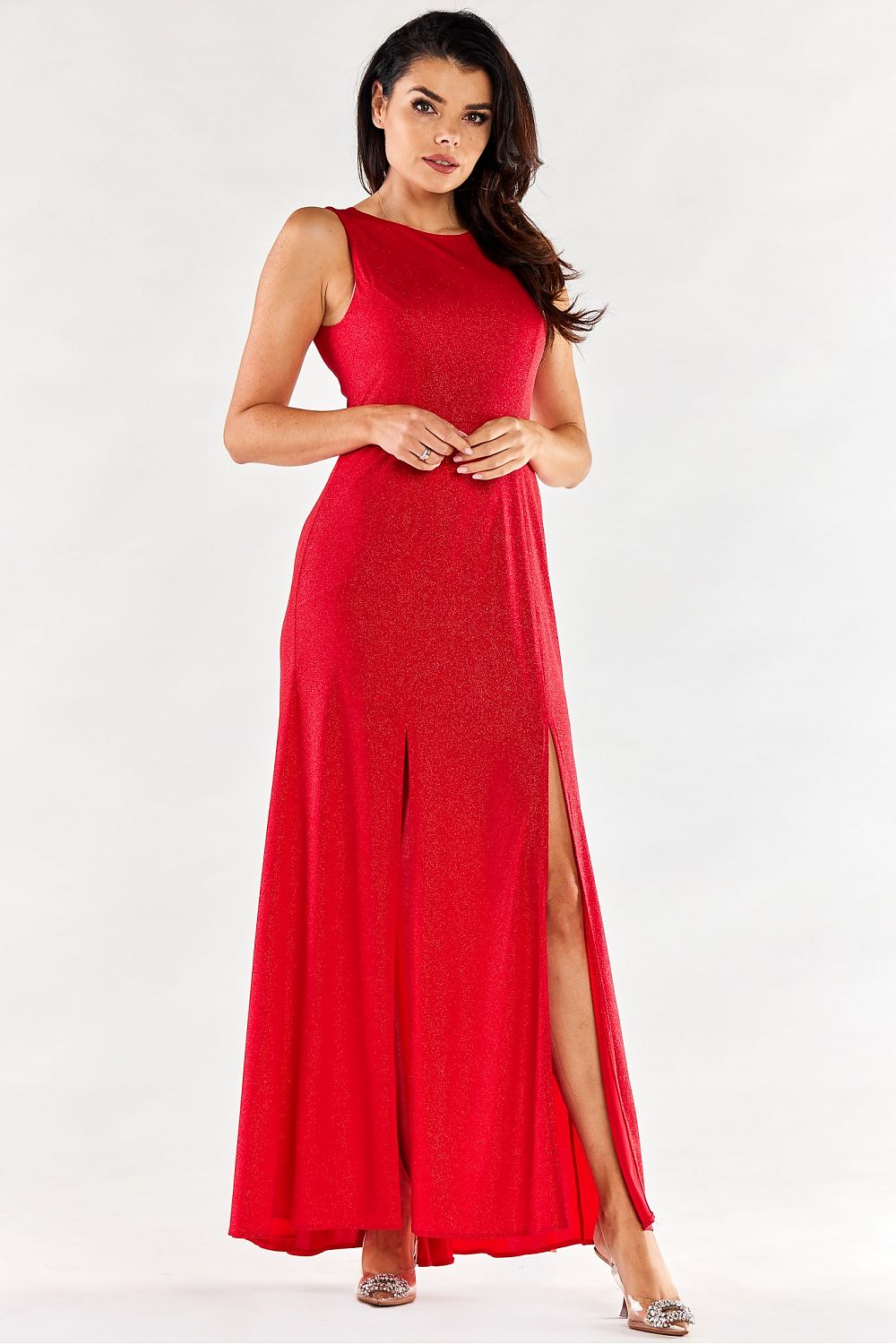 Luxurious red long dress by Awama with front slits, elegantly fitted design showcasing a glamorous silhouette, perfect for formal occasions.