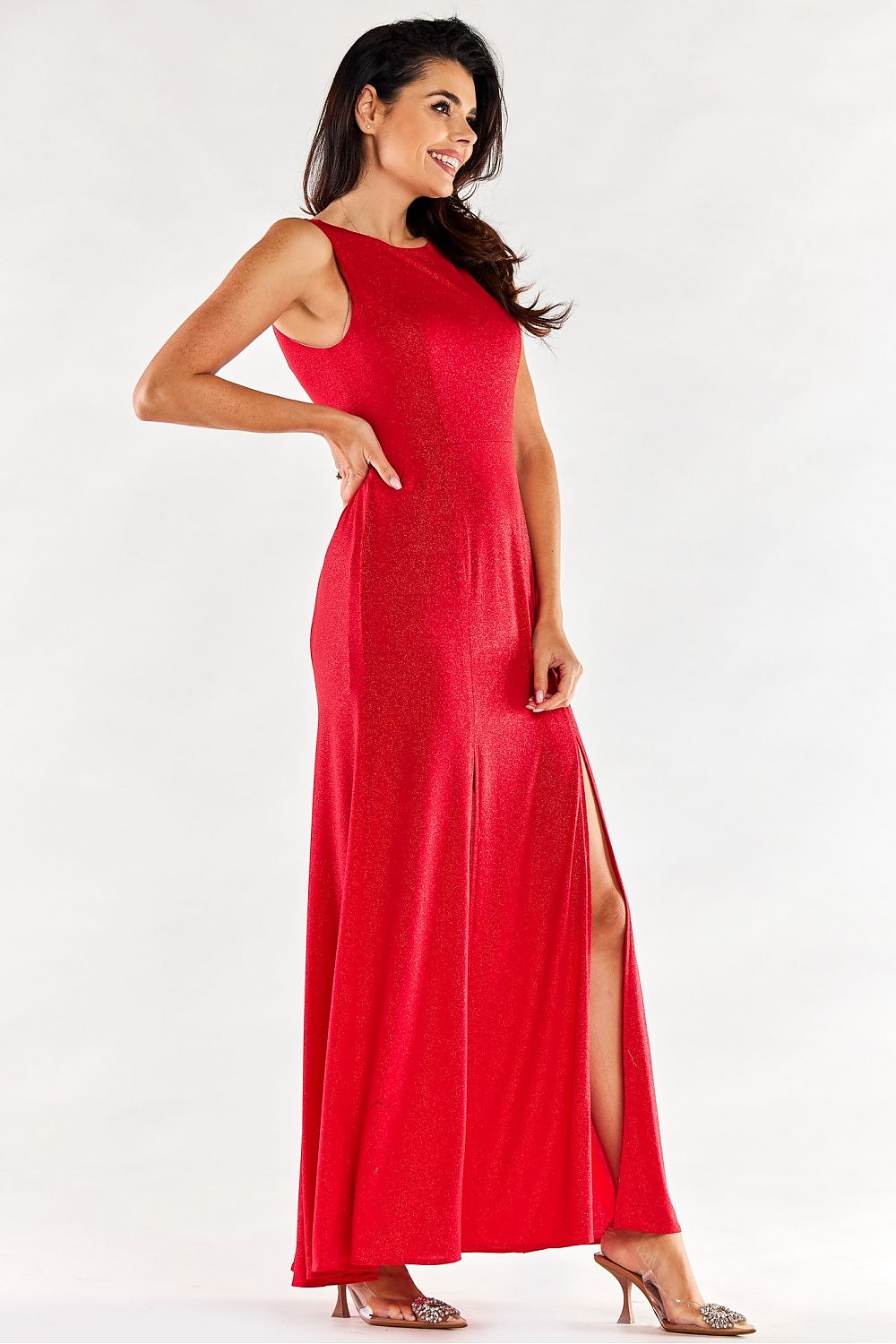 Chic red gown by Awama featuring a fitted design and stylish front slits, exuding sophistication and elegance for special events.