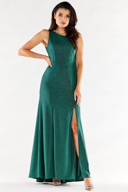 Sophisticated green long dress by Awama, fitted design accentuating the figure with striking front slits, perfect for formal occasions.