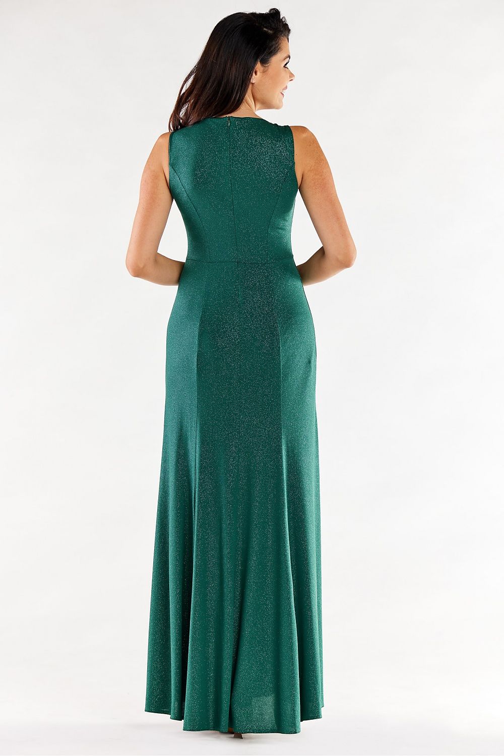Graceful green long dress from Awama, emphasising a sleek silhouette and featuring tasteful front slits for a refined touch.