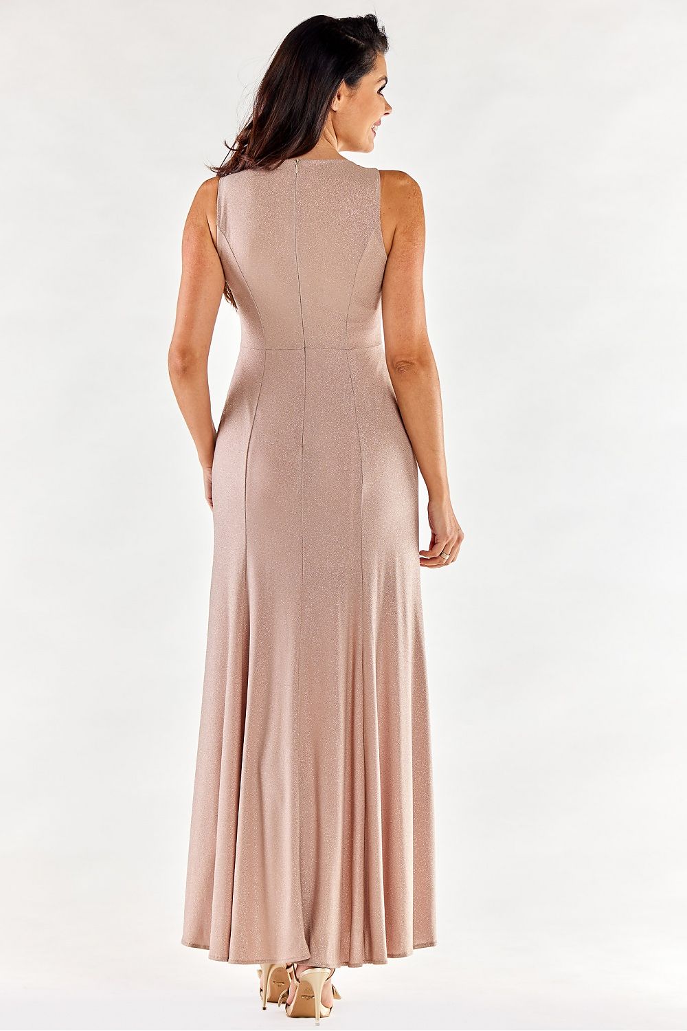 Back view of a stylish light pink long dress by Awama, illustrating the graceful design on a model.