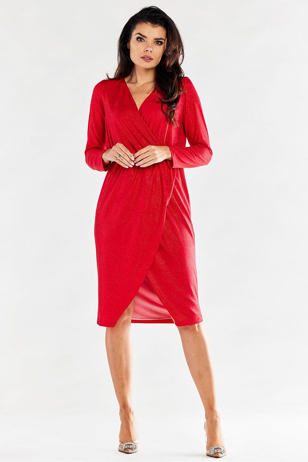 Chic red envelope dress with a flattering silhouette, showcasing an elastic waistband and long sleeves, perfect for timeless style.